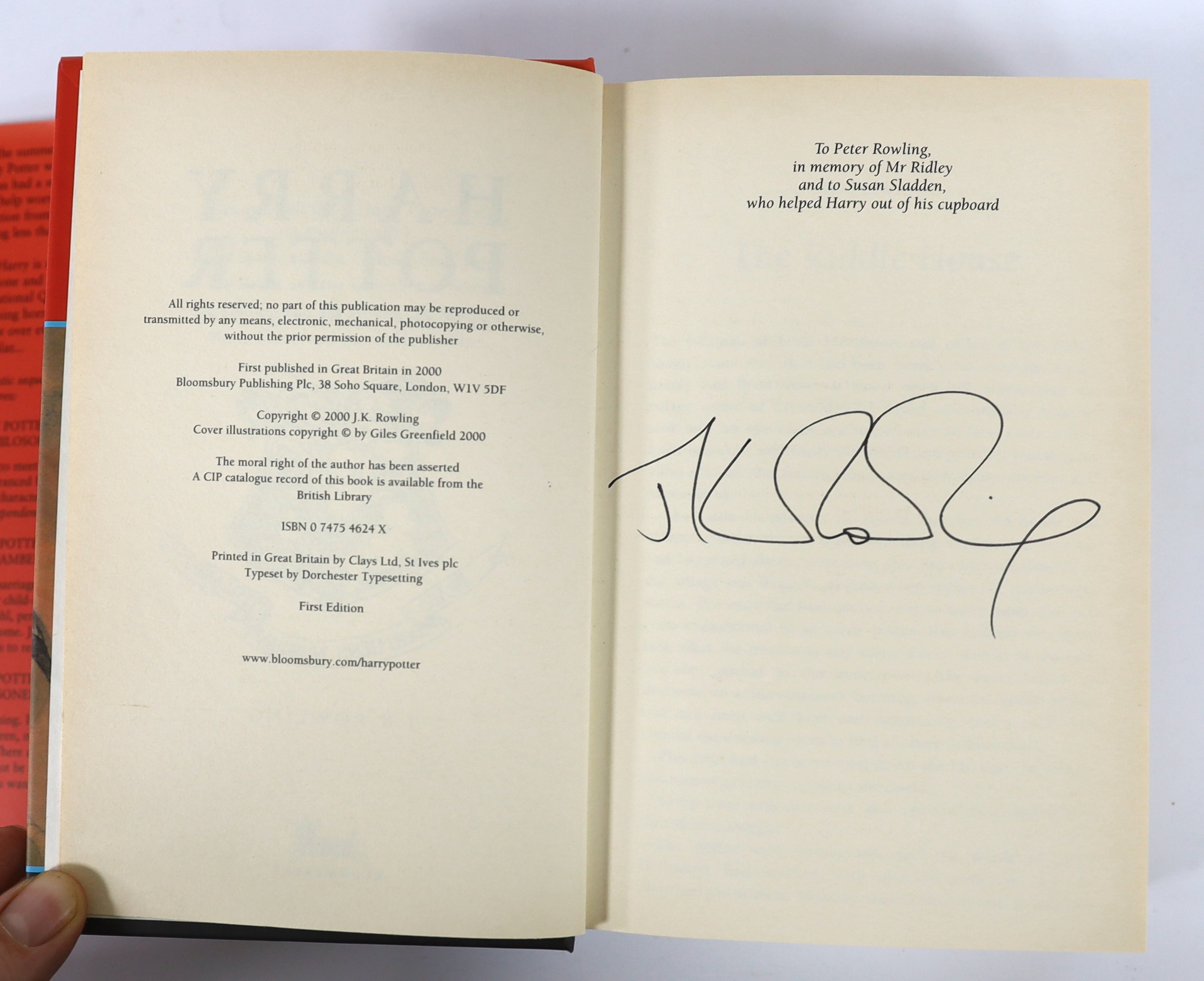 Rowling, J.K. - Harry Potter and the Goblet of Fire. Ist edition, signed by author on dedication leaf (and with the signing session admission ticket loosely inserted). vignette illus. half and title pages; publisher's co